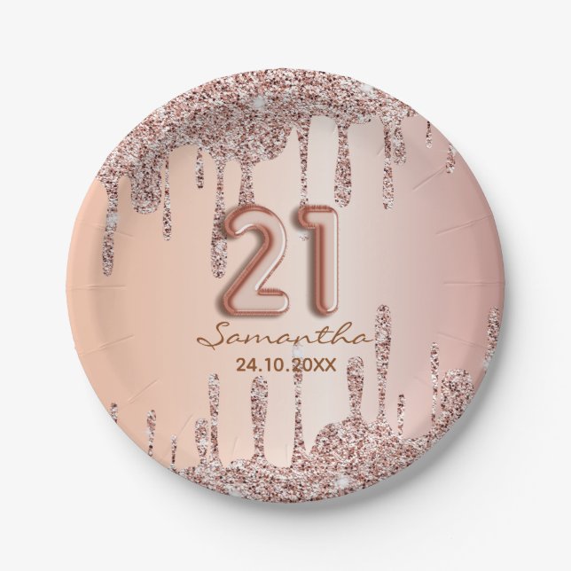 Assiettes En Carton 21e anniversaire Rose gouttes parties scintillant  (Devant)