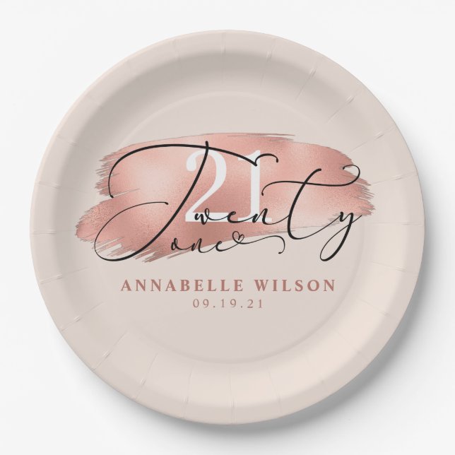 Assiettes En Carton 21e anniversaire Rose or & rose (Devant)