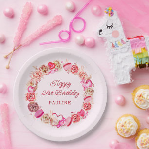 Assiettes En Carton 21e anniversaire Roses roses Tourbillonnant Coeur