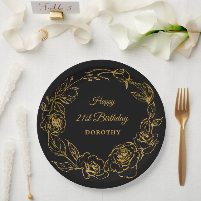 Assiettes En Carton 21e fête d'anniversaire Luxe Gold Rose Floral Blac (Mariage)