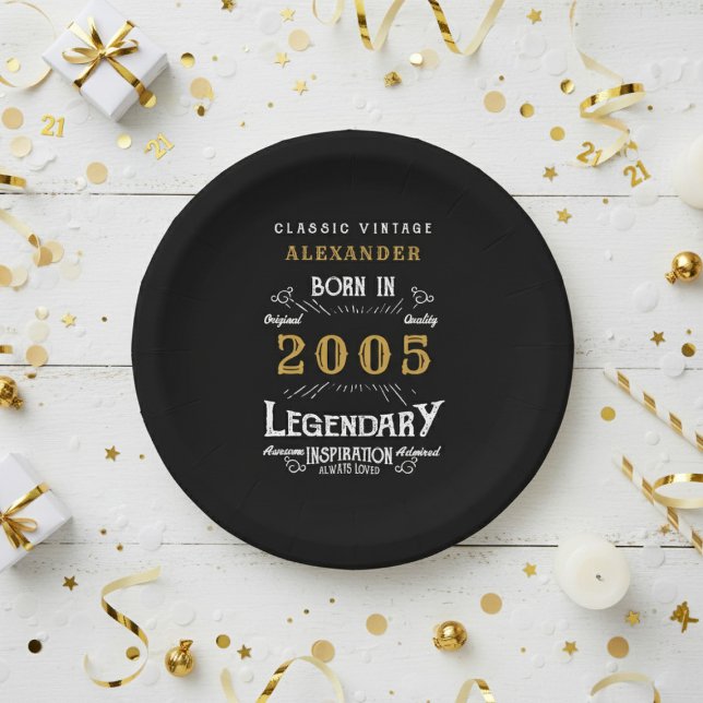 Assiettes En Carton 21st Birthday 2005 Legendary Retro (2005 black paper plate on a white and gold background.)
