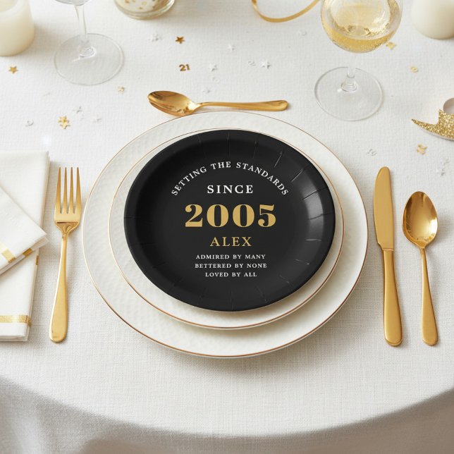 Assiettes En Carton 21st Birthday Name 2005 Black Gold Elegant Chic (2005 birthday paper plate on white and gold background.)