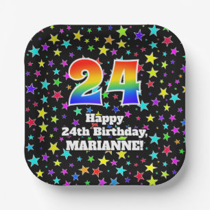 Assiettes En Carton 24e anniversaire : Fun Stars Motif et Rainbow "24"
