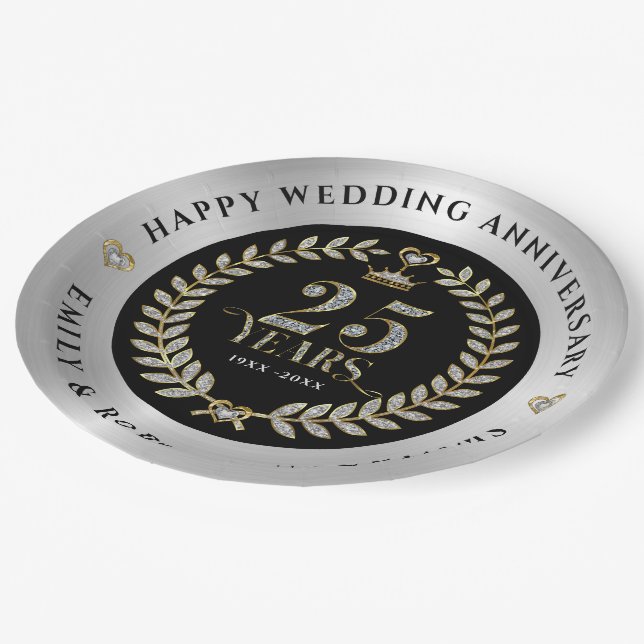Assiettes En Carton 25 ans Anniversaire Or et diamants blancs (Angle)
