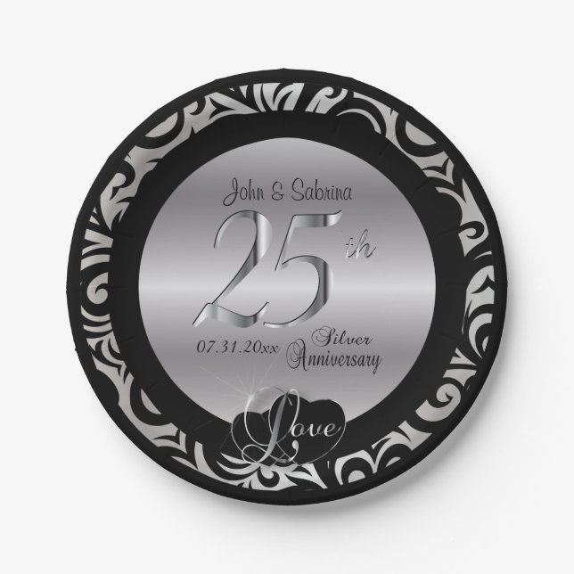 Assiettes En Carton 25e anniversaire de l'argent et du Mariage noir (Devant)
