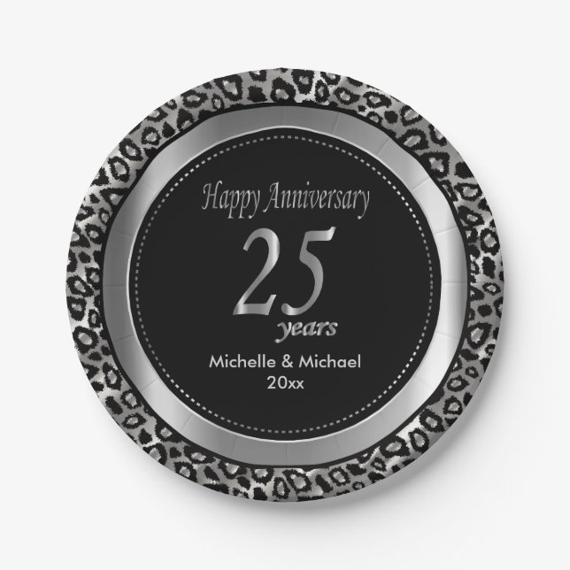 Assiettes En Carton 25e anniversaire du Mariage d'argent | Motif Leopa (Devant)