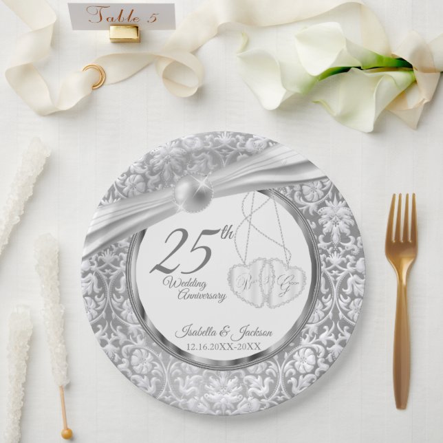Assiettes En Carton 25e anniversaire du Mariage - Pearl White et Silve (Mariage)