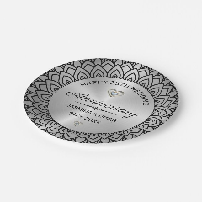 Assiettes En Carton 25e anniversaire du mariage Silver & black mandala (Angle)