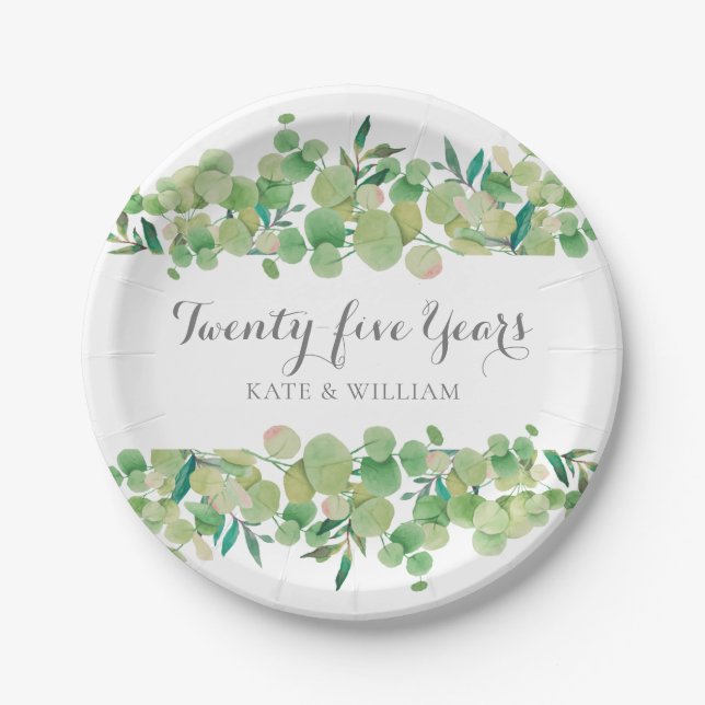 Assiettes En Carton 25e anniversaire Eucalyptus Flore verdure (Devant)