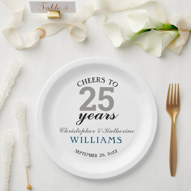 Assiettes En Carton 25e anniversaire Mariage d'argent moderne (Mariage)