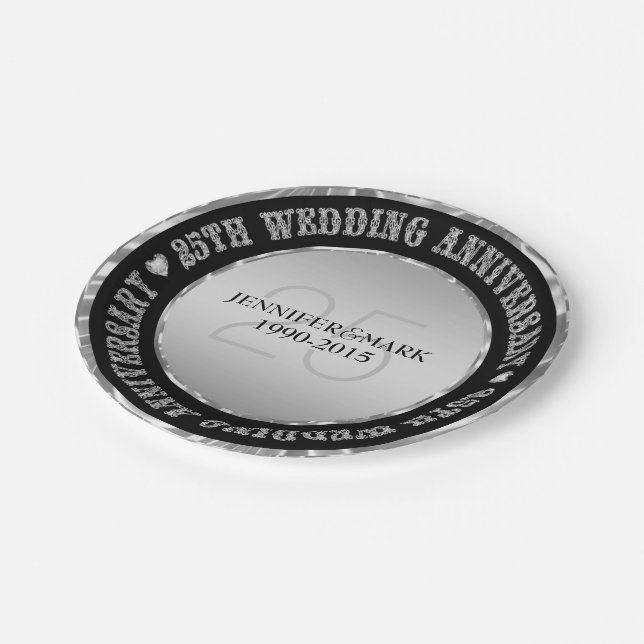 Assiettes En Carton 25E Anniversaire Mariage Métallique Argent Et Noir (Angle)