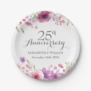 Assiettes En Carton 25e anniversaire Mariage Roses d'aquarelle