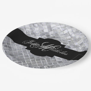Assiettes En Carton 25e anniversaire Monogrammed Black & Silver