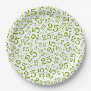 Assiettes En Carton 25e anniversaire Motif du numéro vert/blanc au has