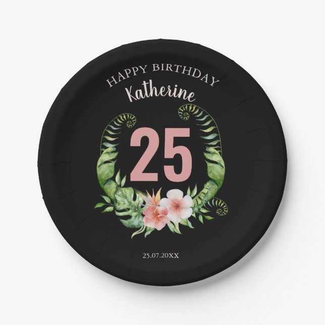 Assiettes En Carton 25e anniversaire noir Nom du script floral (Devant)