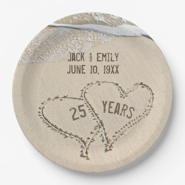 Assiettes En Carton 25e Anniversaire Plage Coeurs Plaque en papier (Devant)