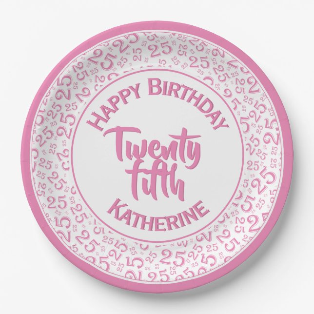 Assiettes En Carton 25e anniversaire Random Number Motif 25 rose/blanc (Devant)