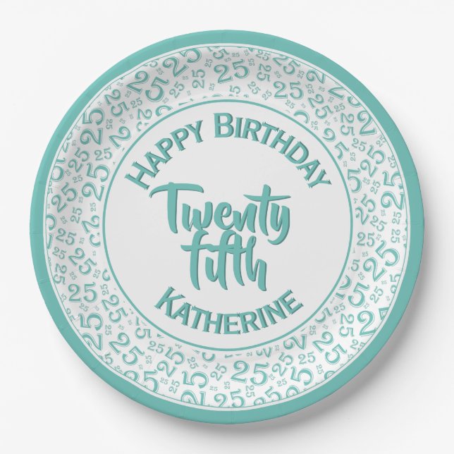 Assiettes En Carton 25e anniversaire Random Number Motif 25 Turquoise/ (Devant)