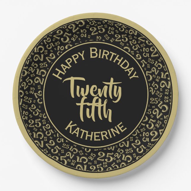 Assiettes En Carton 25e anniversaire Random Numéro Motif 25 Noir/Golfd (Devant)