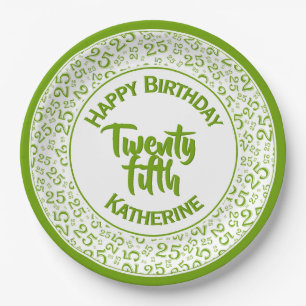 Assiettes En Carton 25e anniversaire Random Numéro Motif 25 Vert/Blanc