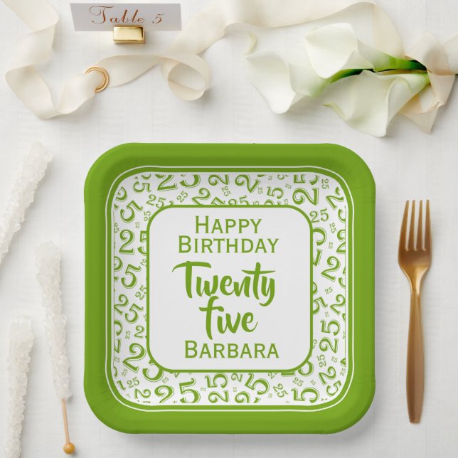 Assiettes En Carton 25e Motif du numéro aléatoire vert/blanc (Mariage)