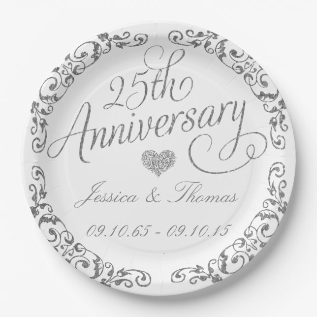 Assiettes En Carton 25ème anniversaire Mariage d'argent Plaque papier (Devant)