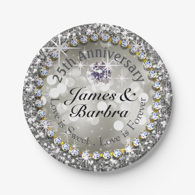 Assiettes En Carton 25ème Argent étincelant de Bling | de diamant (Devant)