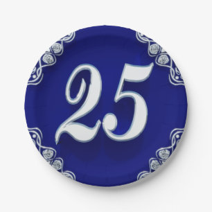 Assiettes En Carton 25ème Bleu argenté majestueux d'anniversaire ou