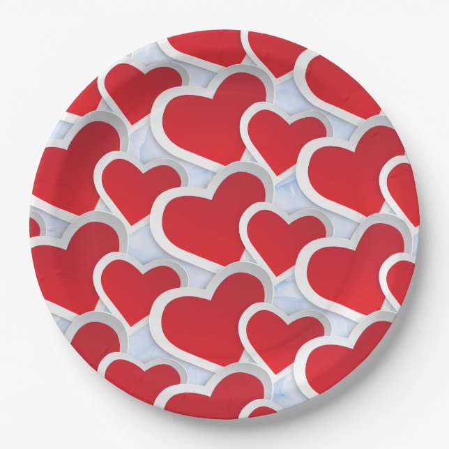 Assiettes En Carton 2 Coeurs rouges Répétant le Motif mou (Devant)