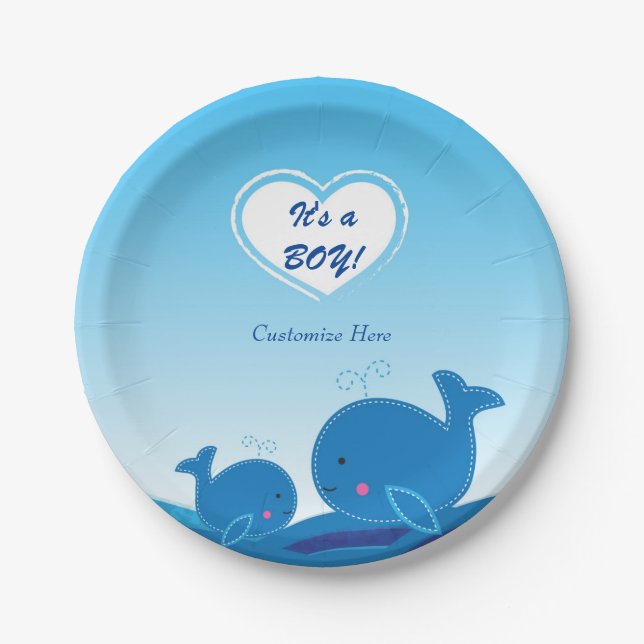 Assiettes En Carton 2 Plaques de Baby shower de baleines bleues (Devant)