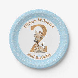 Assiettes En Carton 2e anniversaire Blue Boy Baby Giraffe Plaque de pa
