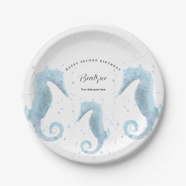 Assiettes En Carton 2e anniversaire Dusty Blue Seahorse (Devant)