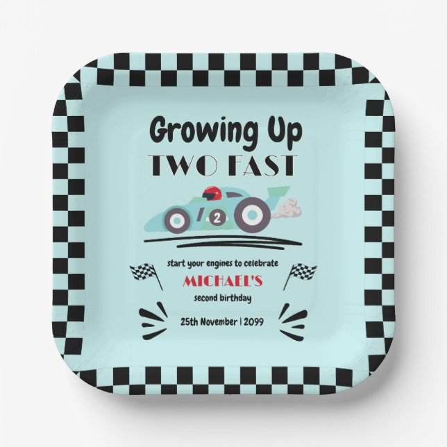 Assiettes En Carton 2e anniversaire Grossissant deux Fast Blue Race Ca (Recto)