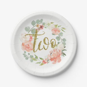 Assiettes En Carton 2e Anniversaire Pink Gold Floral Wreath Plaque pap