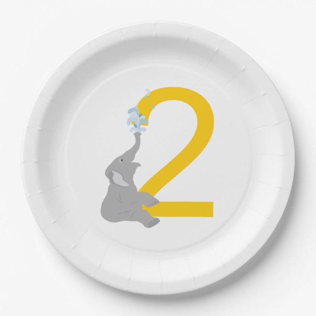 Assiettes En Carton 2e anniversaire Plaques de fête moderne gris éléph (Devant)