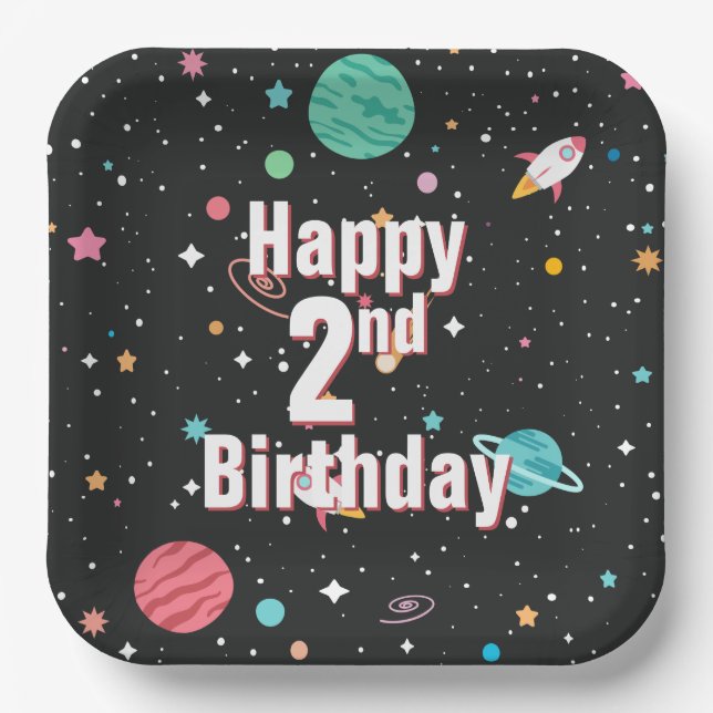 Assiettes En Carton 2e anniversaire Rocket Ships et Planètes (Recto)