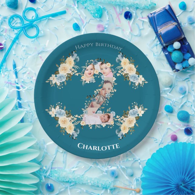Assiettes En Carton 2e anniversaire Turquoise photo Collage Blue Jello (Fête)