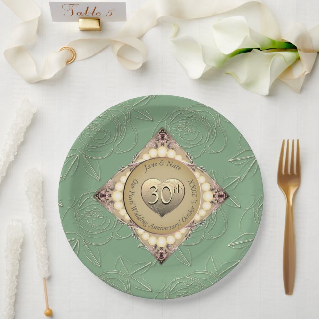 Assiettes En Carton 30e/12e anniversaire de Mariage Pearl & Green (Mariage)