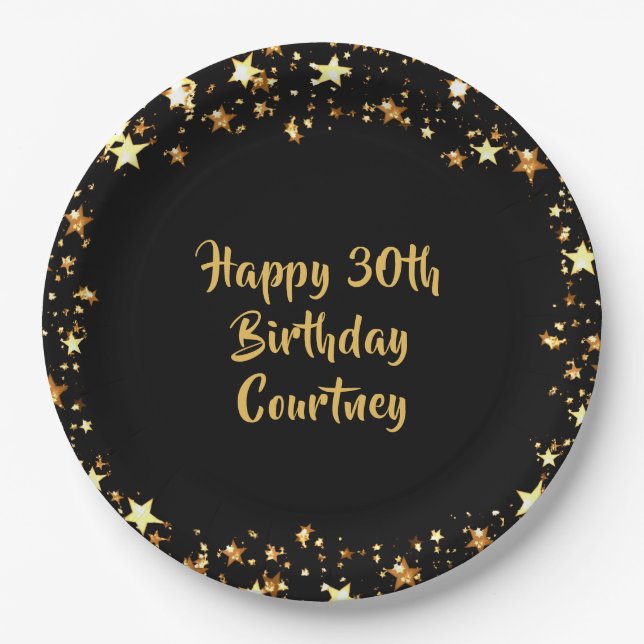 Assiettes En Carton 30e anniversaire Black Gold Stars Nom (Devant)