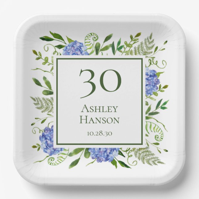 Assiettes En Carton 30e anniversaire Blue Hydrangeas (Recto)