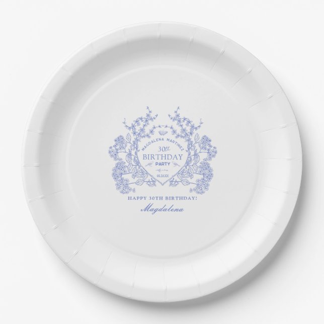 Assiettes En Carton 30e anniversaire Français Blue Floral Crest Custom (Devant)