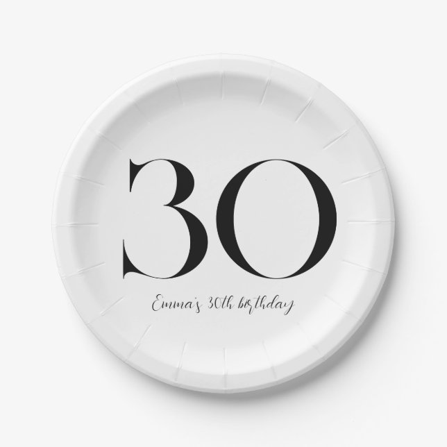 Assiettes En Carton 30e anniversaire Noir et blanc (Devant)