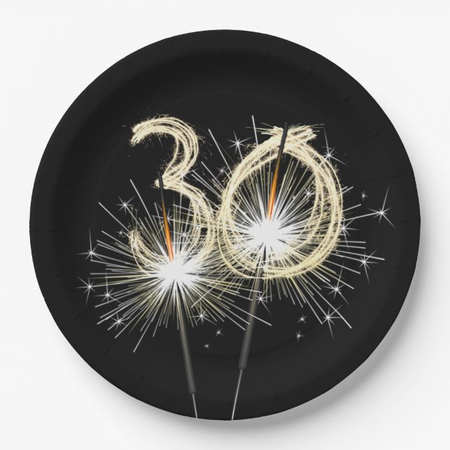 Assiettes En Carton 30e anniversaire Sparklers de la fête sur Noir (Devant)