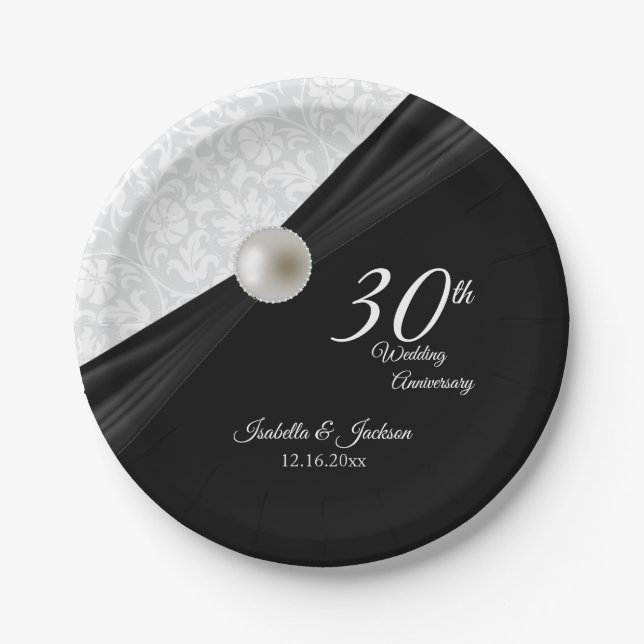 Assiettes En Carton 30e Perle & Black Mariage Anniversaire Design (Devant)