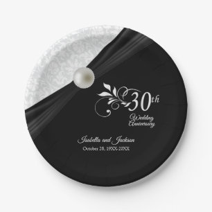 Assiettes En Carton 30e Perle & Black Mariage Anniversaire Design
