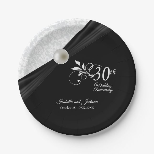 Assiettes En Carton 30e Perle & Black Mariage Anniversaire Design (Devant)