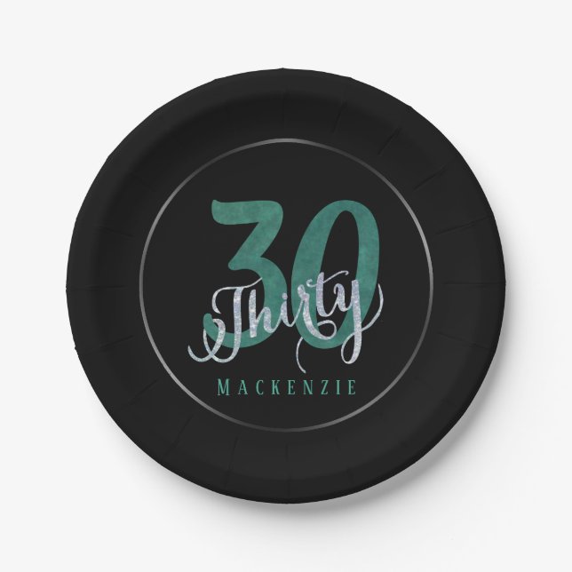 Assiettes En Carton 30e Vert | Fête d'anniversaire personnalisée | (Devant)