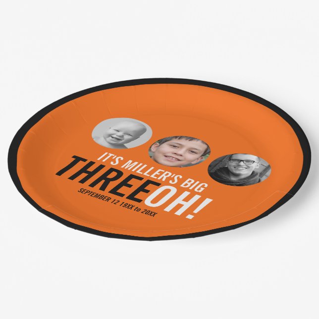 Assiettes En Carton 30ème Trois OH ! photo anniversaire orange et noir (Angle)