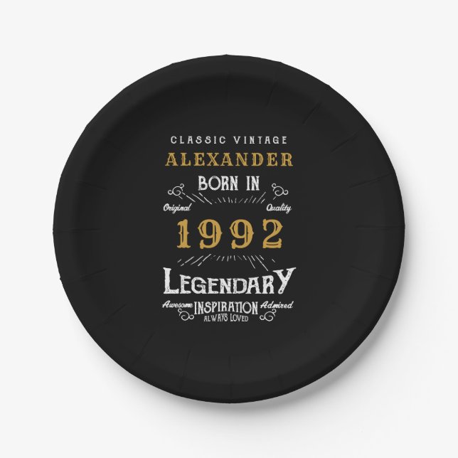 Assiettes En Carton 30th Birthday 1992 Ajouter le nom Legendary Black  (Devant)