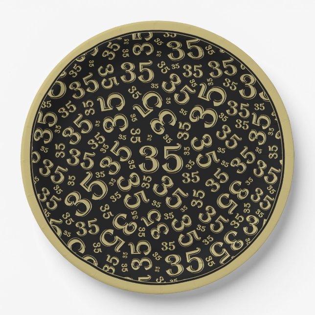 Assiettes En Carton 35 Ans Random Number Motif Noir/Or (Devant)